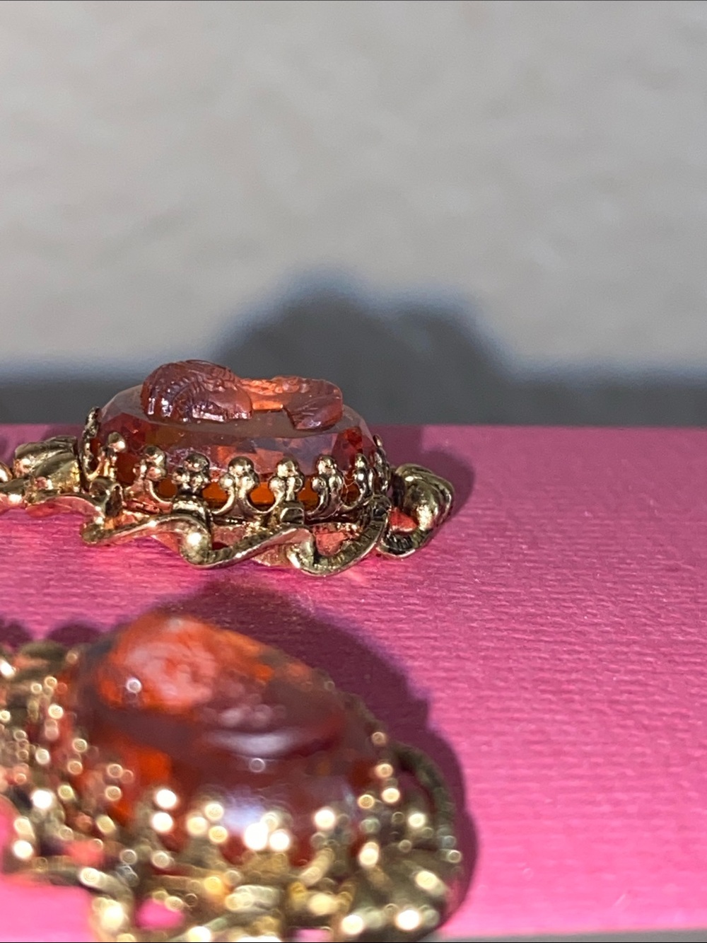 Vintage Gold-Tone Amber Iridescent Glass Cameo Drop Stud Earrings - Picture 7 of 8